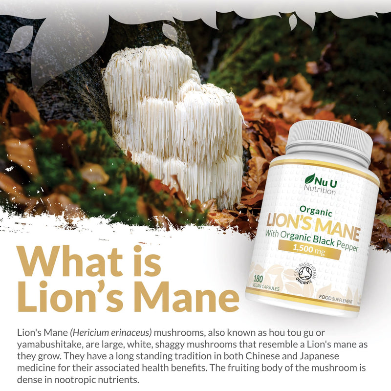 Organic Lions Mane Supplement 1500mg - 180 High Strength Vegan Capsules - 6 Month Supply - Lion’s Mane Mushroom with Organic Black Pepper - Made in the UK - Nu U Nutrition Lion's Mane