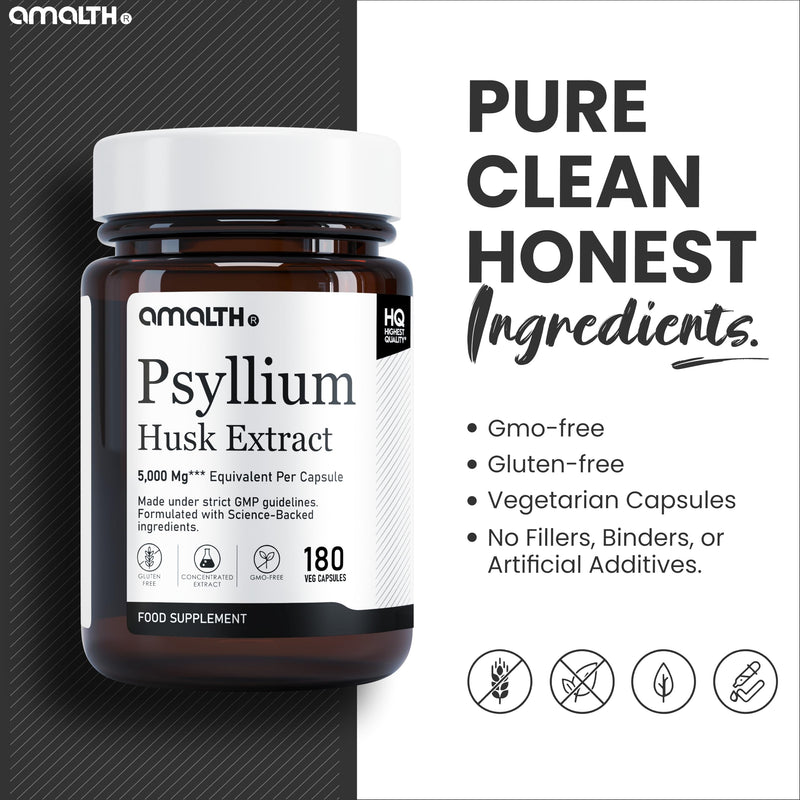 Amalth Psyllium Husk Capsules 5000mg Equivalent | Psyllium Husk Extract 10:1 with Probiotics | Fibre Supplement & Prebiotic Fibre | 180 Vegan Capsules | 6 Months Supply