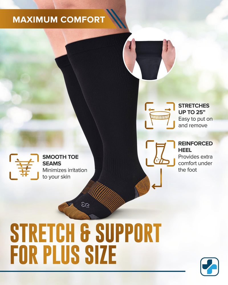 Doctor's Select Copper Plus Size Compression Socks Wide Calf - 2 Pairs | 20-30mmHg Extra Wide Calf Compression Socks Women | Copper Socks for Swelling, Varicose Veins | Extra Wide Calf Compression Socks | Black Wide Compression Socks for Women & Men