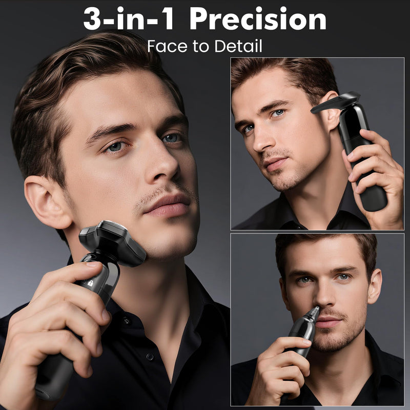 [Australia] - Electric Razor for Men Flynth 3-in-1 Cordless Shaver 3-Blade Rotary Shavers Wet/Dry for Beard Nose & Face, IPX7 Waterproof Fast Charge Travel Trimmer Grooming Set 