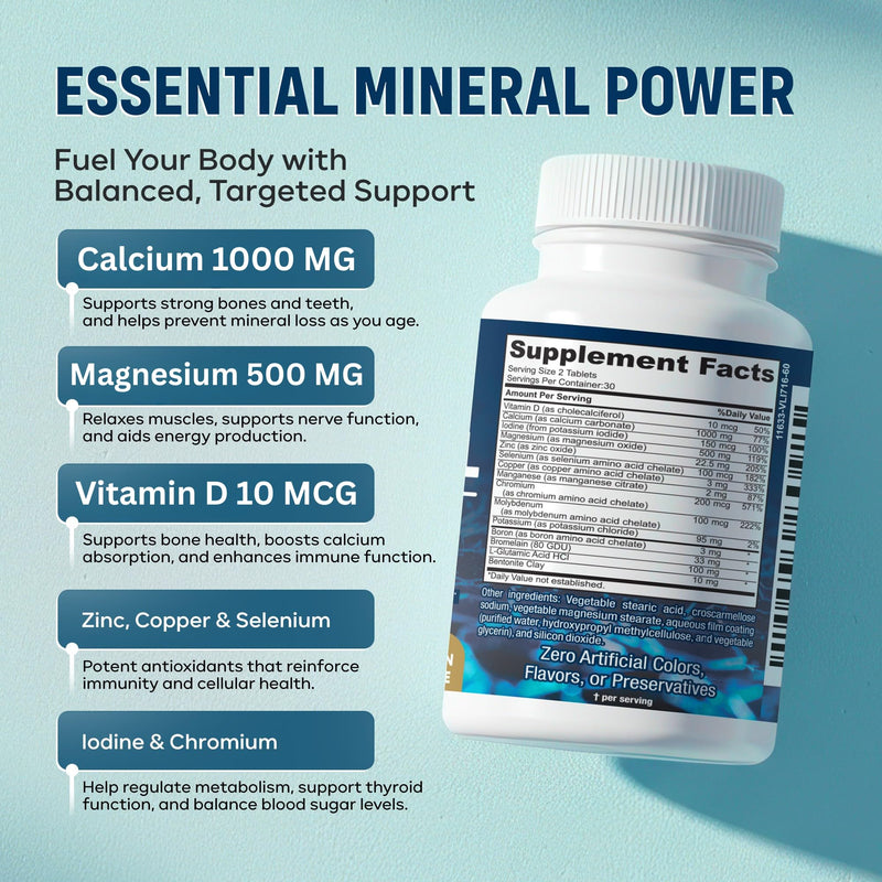 [Australia] - Mega Mineral ‚Äì Complete Complex with Vitamin D, Calcium, Magnesium, Zinc, Potassium, Boron, Selenium, Chromium & 72 Trace Minerals ‚Äì Iron-Free ‚Äì USA Made ‚Äì 60 Tablets 