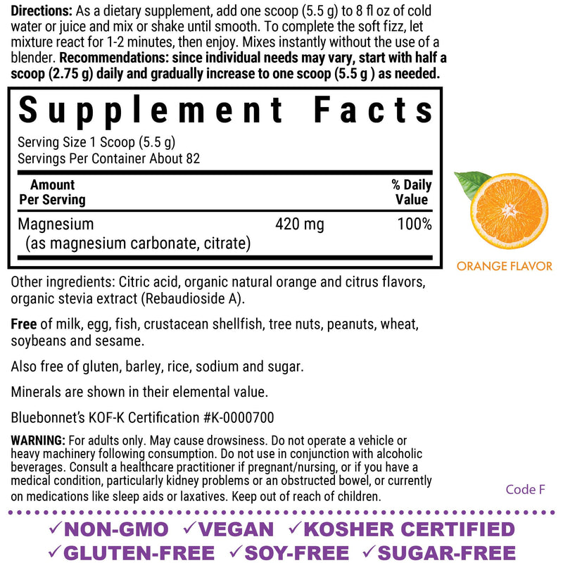 Bluebonnet Nutrition Simply Calm Powder, For Calm*, Muscle Cramps*, Stress Relief*, Soy-Free, Gluten-Free, Non-GMO, Kosher Certified, Dairy-Free, Vegan, 16 oz, 82 Servings, Orange Citrus Flavor | Stress Relief; Vegan, Vegetarian, Kosher