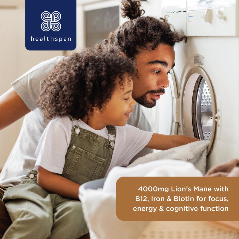 Healthspan Lion’s Mane Clarity & Focus (60 Capsules) | Stay Sharp and Focused | 4000mg Lion’s Mane Mushrooms | Supports Energy and Cognitive Function | with biotin, Vitamin B12 and Iron