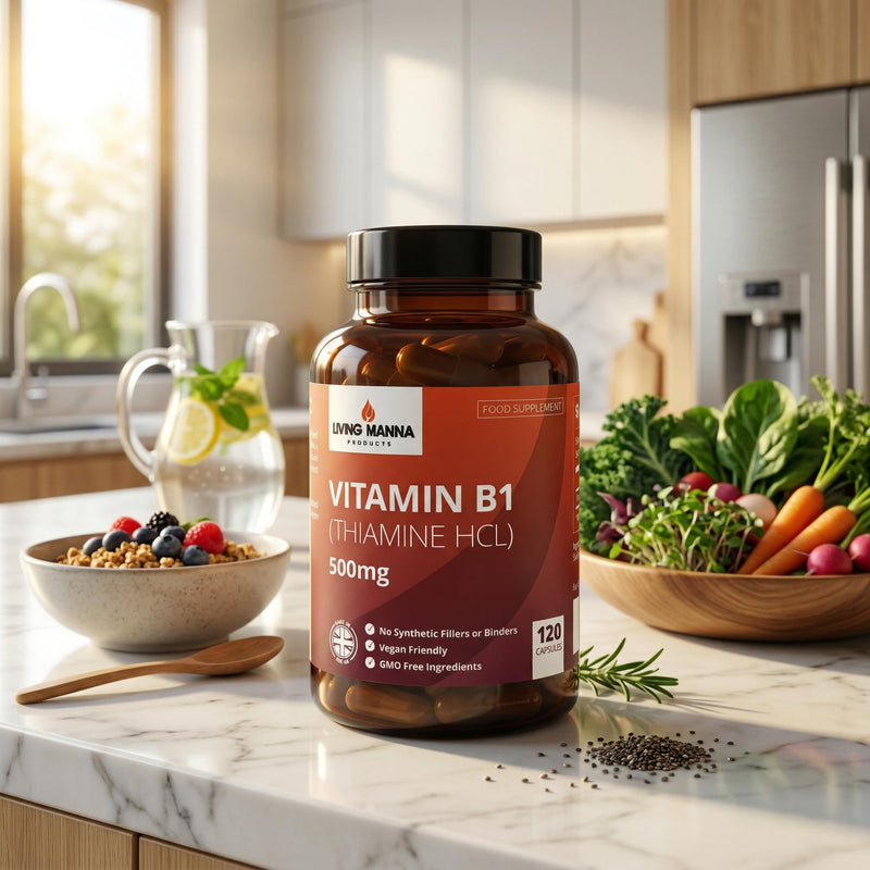 Vitamin B1 Thiamine 500mg High Strength | 120 Vegan Capsules | Energy, Nerve & Brain Support | Pure Thiamine HCl | No Fillers | Made in the UK – Living Manna