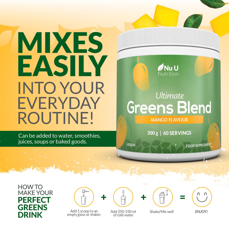 Nu U Nutrition - Super Greens Blend Mango Powder 300g - 17 Active Superfood Ingredients - 60 Servings - Vitamin & Mineral Rich Supplement - 100% Vegan, No Additives