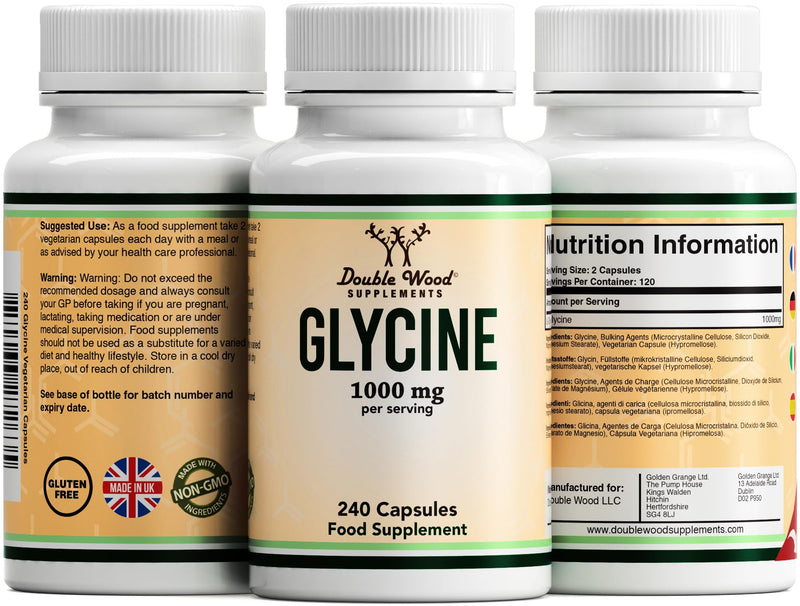 Double Wood Glycine Supplement | 240 High Strength Glycine Capsules - 1000mg per Serving | Amino Acid Supplement | Non-GMO & Gluten | Manufactured in The UK 240 count (Pack of 1)