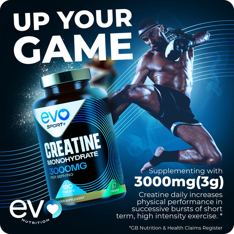 EVO NUTRITION Creatine Monohydrate Tablets 3000mg - 180 Creatine Tablets | Unflavoured Gym Supplement & Powder Alternative for Men & Women | Muscle Mass & Exercise Recovery | Vegan, Keto & Made in UK