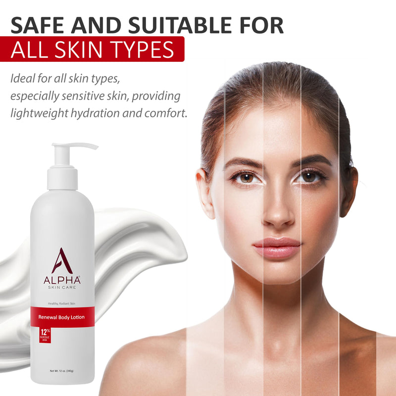 Alpha Skin Care Revitalizing Body Lotion, 12% Glycolic AHA, Simple & Effective Daily Moisturizer with Alpha Hydroxy Acid, Hydrates & Exfoliates for Soft, Smooth Skin, Anti-Aging, 12 Oz