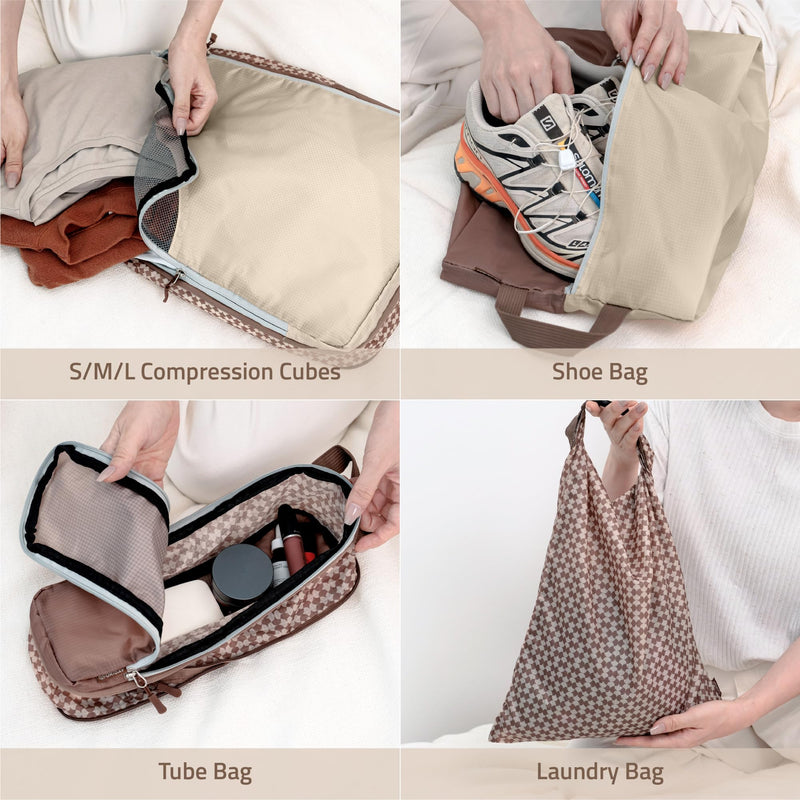 Oriday Set of 8 compression packing cubes for travel accessories- Expandable bags for clothing, toiletry, backpacks, organizing essentials (Beige) Beige