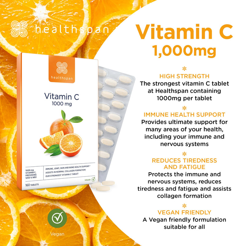Healthspan Vitamin C 1,000mg (160 Tablets) | Support Your Immune Health | Reduces Tiredness & Fatigue and Supports Joint, Skin & Bone Health | Vegan 160 Count (Pack of 1)