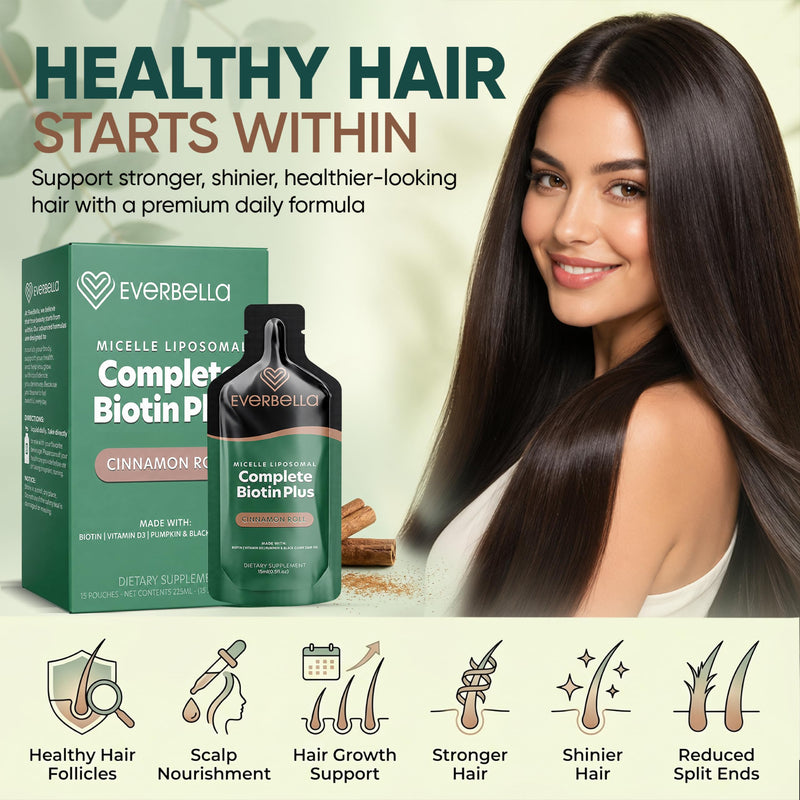 Complete Biotin Plus Liposomal Liquid Pouches with Pumpkin Seed Oil, Black Cummin Seed Oil & Vitamin D3 | Supports Nail, Skin & Hair Growth | Cinnamon Roll Flavor | 15-Day Supply
