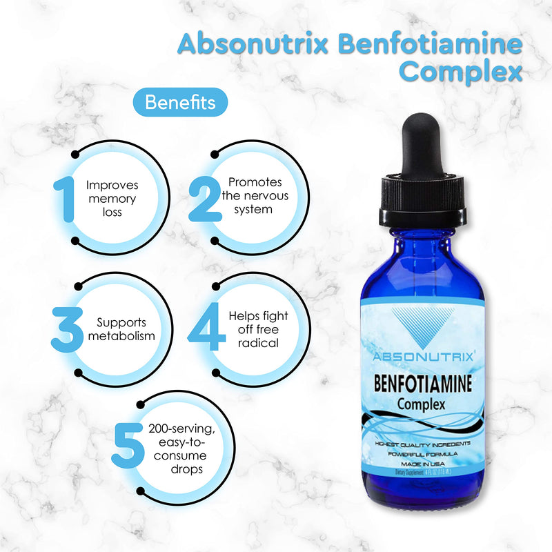 Benfotiamine Complex 300 mg, 4 Fl Oz Bottle, 200 Servings, High Bioavailability, Potent Ingredients, Quick Absorption, Cruelty-Free, Non-GMO, Third-Party Tested, GMP-Certified, Made in USA