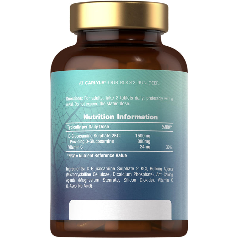 Vegan Glucosamine Sulphate 2KCl 1500mg | with 24mg Vitamin C | 180 High Strength Tablets | Glucosamine 2KCl Supplement | By Carlyle