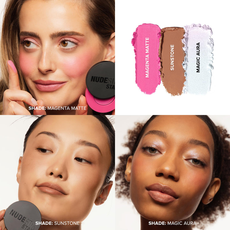 [Australia] - Nudestix Sunpink Glow STAX Set – 3-Piece Cream Blush & Highlighter Sticks for Cheeks, Lips & Eyes | Includes Sunstone, Magenta Matte & Magic Aura | Multi-Use, Stackable, Vegan Makeup Set 