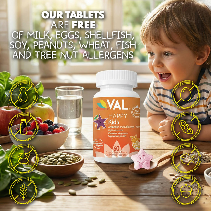 VAL Magnesium for Kids | High-Absorption Magnesium for Calm, Relaxation & Focus | Mg Glycinate, Citrate & Taurate | with Vitamin B6, D & C | Sugar-Free, Non-GMO | 60 Chewable Tablets Grape 60 Count (Pack of 1)
