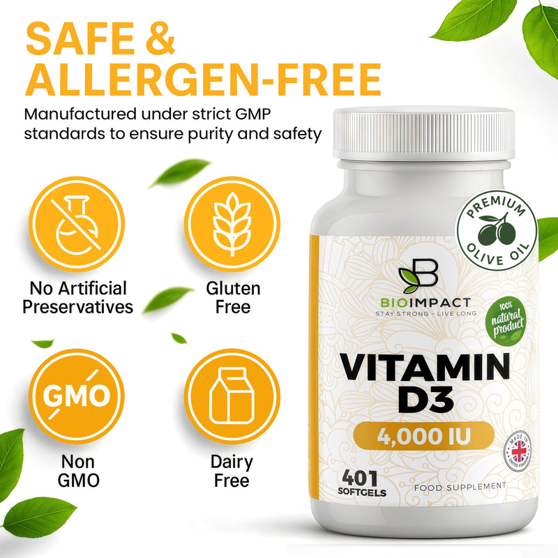 Vitamin D3 4,000 IU Softgel Tablets | High Strength | Premium Olive Oil | 401 Easy to Swallow Softgels | 1 Year+ Supply | Supports Immune System | Non-GMO & Gluten-Free | UK Manufactured