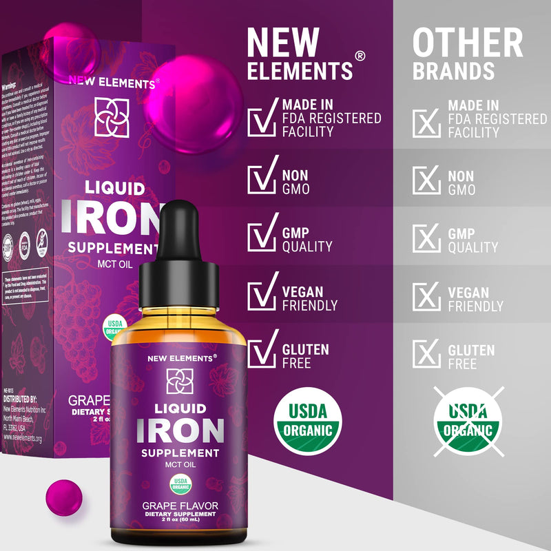 [Australia] - Iron Supplement for Women & Men Free Blood Builder, Iron Vitamin for Anemia USDA Organic Liquid Iron Drops for Adults with MCT Oil, Natural Grape Flavor, Faster Absorption & Immune Support, 2 Fl Oz 