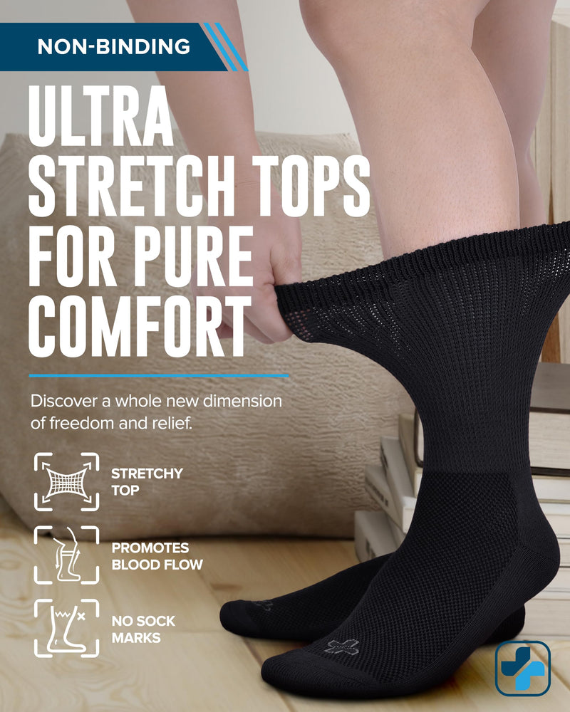 [Australia] - Doctor's Select Diabetic Socks - 4 Pairs Neuropathy Socks for Men & Women Large Black - 4 Pairs 