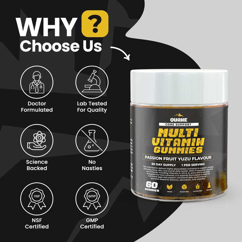 Quake Multivitamin Gummies – High Strength Vitamins A, C, D3, E, K2 & B Complex – Daily Energy, Immune & Bone Support – Vegan, Sugar Free – Passion Fruit Yuzu – 60 Gummies (60 Day Supply)