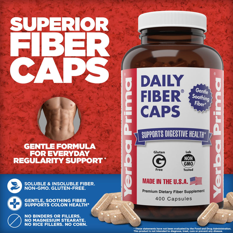 [Australia] - Yerba Prima Daily Fiber Caps Formula, 400 Capsules - Both Soluble and Insoluble - with Psyllium Seed Husks, Acacia Gum, Apple Fiber and More - Dietary Supplement 400 Count (Pack of 1) 