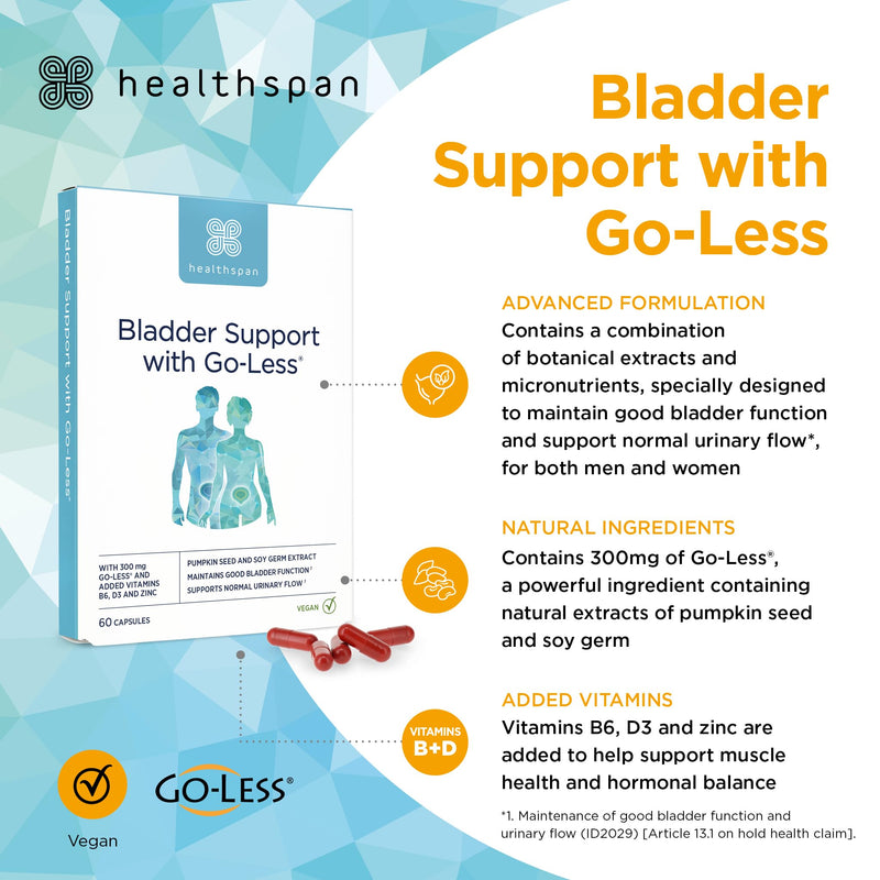 Healthspan Bladder Support with Go-Less® | Supports Good Bladder Health & Urinary Flow | 300 mg Go-Less® | Pumpkin Seed Extract & Soy Germ Extracts | Added Vitamin B6, D3 & Zinc | Vegan (60 Capsules) 60 count (Pack of 1)