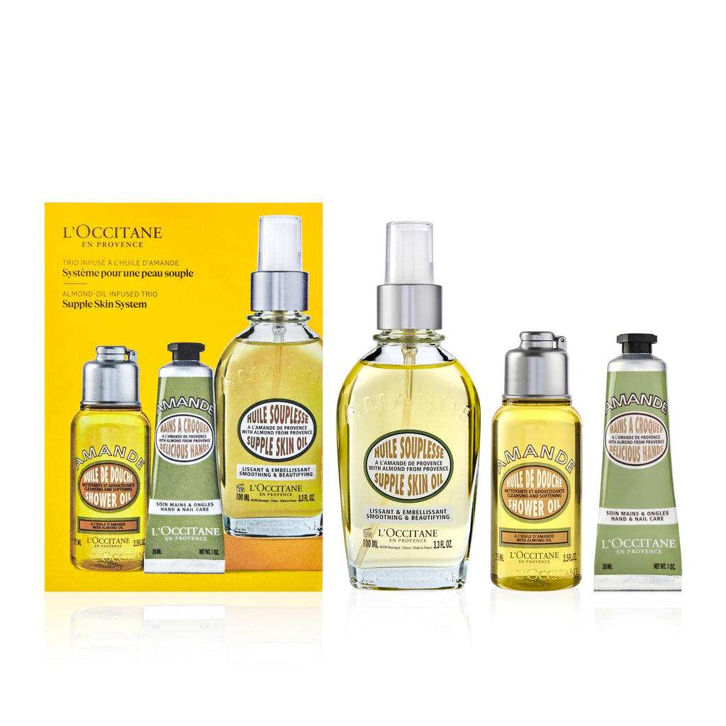 L'OCCITANE Supple Skin System: Hydrate & Soften, Almond Oil Infused Trio Featuring Almond Supple Skin Oil, Almond Shower Oil, and Almond Delicious Hand & Nail Care Lotion, Bath and Body Gift Set New