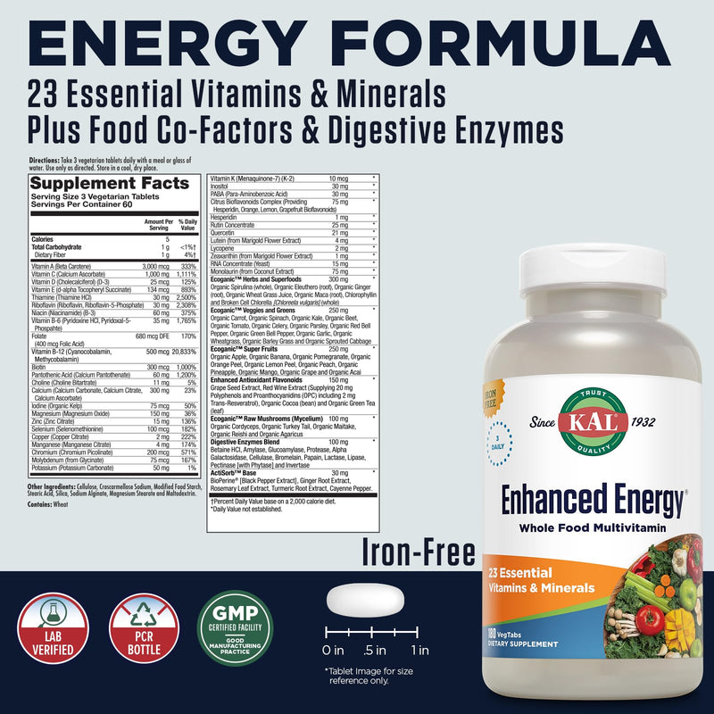 KAL® Enhanced Energy Multivitamin | Whole Food Based Vitamins & Minerals w/ Antioxidants, Digestive Enzymes & Natural Carotenoids | 180 Capsules 180 Count (Pack of 1)