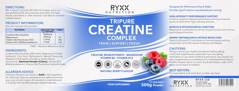 RYXX Tripure Creatine Complex 500g | 5g Creatine Monohydrate Powder with Magnesium, Vitamin B6 & B12 | Daily Performance, Muscle & Energy Support | Flavoured Creatine Powder