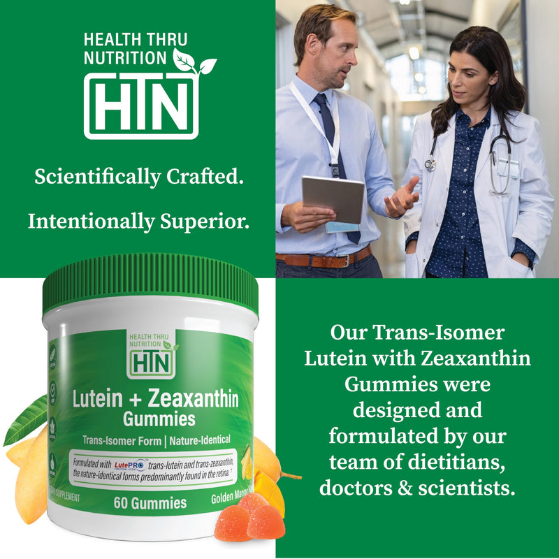 Health Thru Nutrition Lutein + Zeaxanthin Gummies | All-Trans Form | 20mg Lutein & 4mg Zeaxanthin Trans-isomers | Golden Mango Flavor | Eye Support | Non-GMO, Vegan| 60 Gummies
