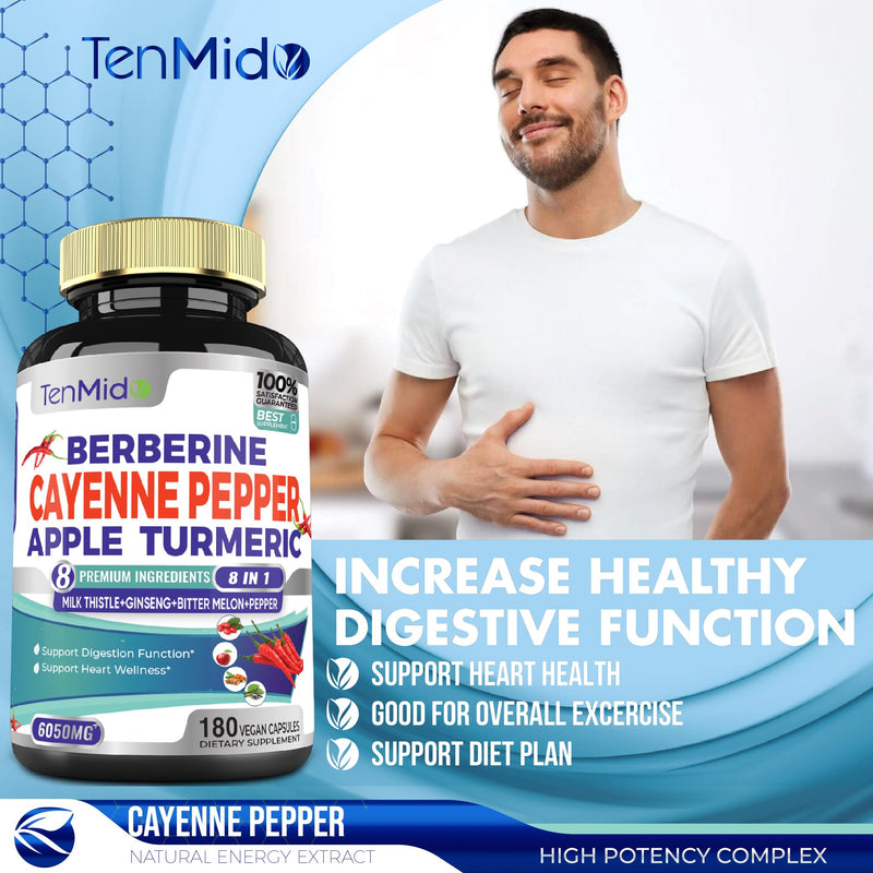 [Australia] - Cayenne Pepper Supplements Extract Capsules 6050mg, 180 Capsules & Berberine, Apple, Turmeric Curcumin, Bitter Melon, Ginseng, Milk Thistle| Supports Heart Health, Promotes Digestive Function 