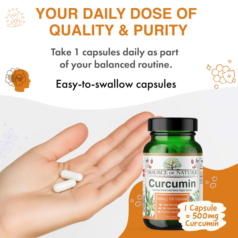 Source of Nature® | 500mg Curcumin Extract | 120 Capsules | +95% Pure Curcuminoids | Produced in EU | with BioPerine® (Black Pepper Extract) | from Turmeric | High dose 120 count (Pack of 1)
