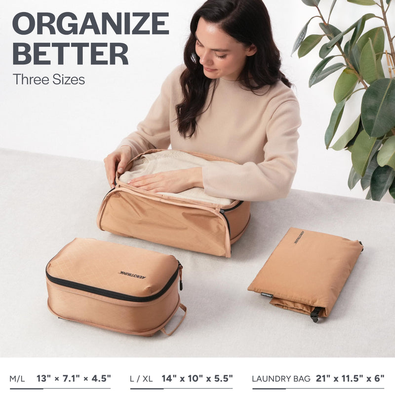 Ultralight Compression Packing Cubes for Travel, 3-Pack, Mocha | Pack 2x more clothes, Maximize luggage space, YKK Compression zippers, Stay organized, Ultralight travel organizer bags