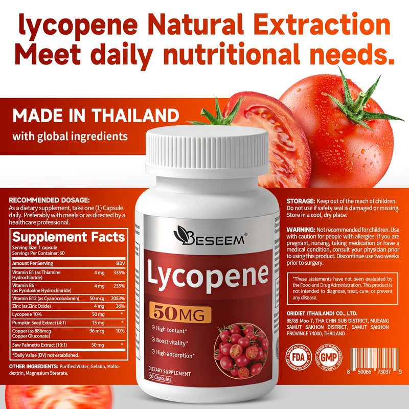 Men‘s Lycopene Softgels with Saw Palmetto & Pumpkin Seed Oil – Prostate Health Support & Nutrient Complex with Zinc, Vitamin B6, B12, Copper – 60 Capsules