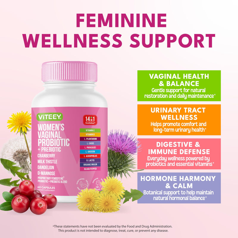 Viteey Vaginal Probiotic for Women - 14in1 FemDefend | Women’s Probiotic + Prebiotic with Cranberry & D Mannose – Vaginal Health & Urinary Tract Support Supplement – 60 Capsules