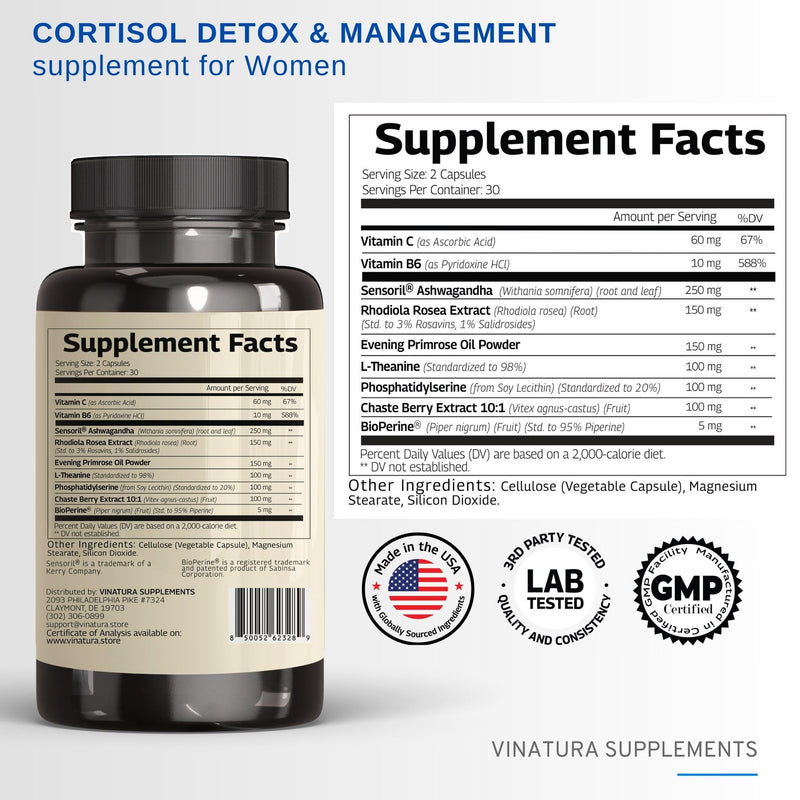 [Australia] - VINATURA Cortisol Supplements for Women - Cortisol Detox and Management - Adrenal Support, Stress Support, 60 Vegan Capsules 