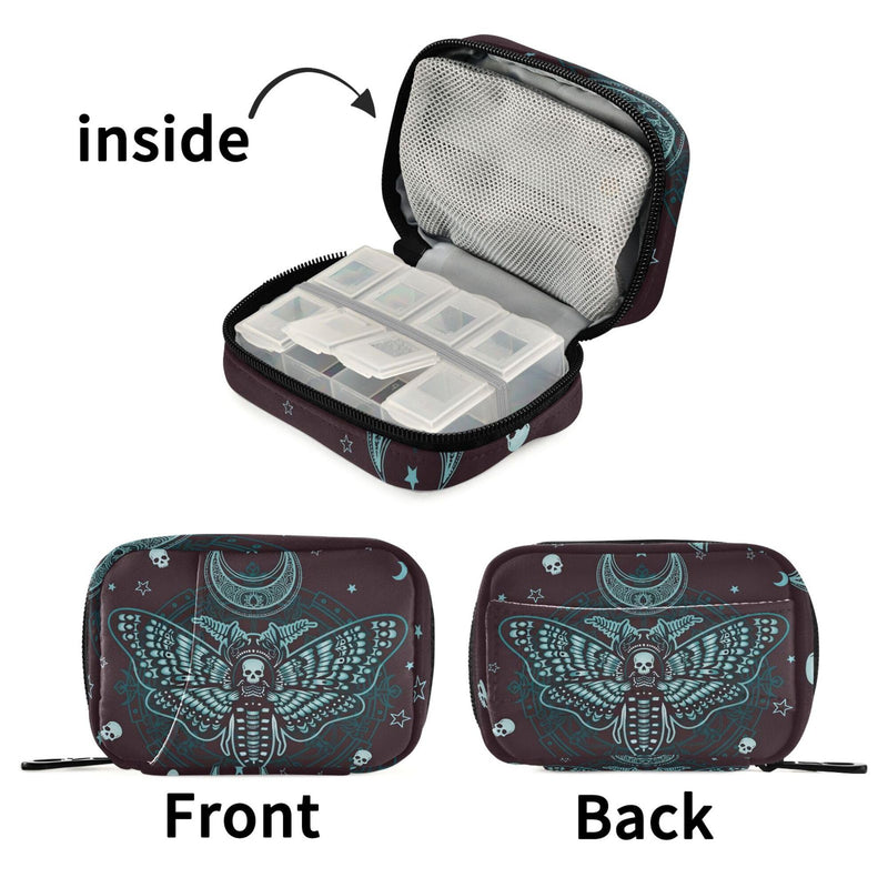 Travel Pill Organizer Bag Weekly Pill Organizer Case Gothic Skull Butterfly Portable Small Daily Pill Boxes for Vitamin Fish Oils Supplement Holder with Zipper Compact Size Skulls 214