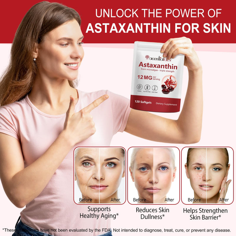 [Australia] - Premium Astaxanthin 12mg,120 Softgels | Natural Antioxidant Supplement for Eye, Joint, Skin Health,Microalgae Source | 4 Month Supply | Supports Internal Circulation & Natural Tanning,Non-GMO 