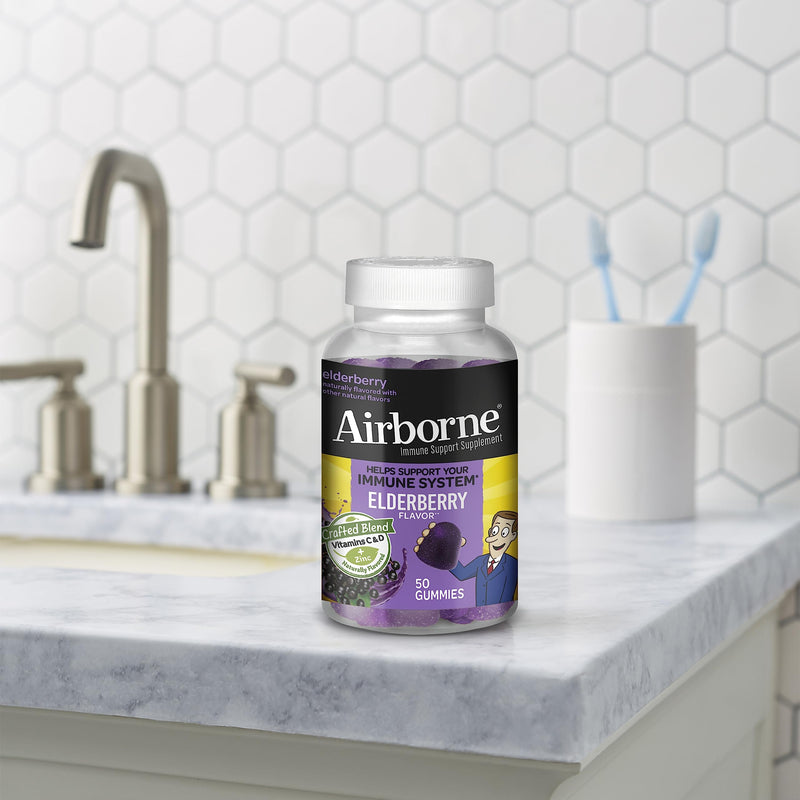 [Australia] - Airborne Elderberry + Zinc & Vitamin C Gummies For Adults, Immune Support Vitamin D & Zinc Gummies With Powerful Antioxidant Vitamins C D & E - 50 Gummies, Elderberry Flavor 50 Count (Pack of 1) Gummy 