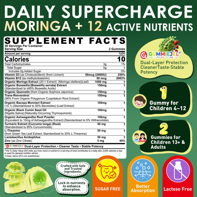 Moringa Gummies 1000mg for Women & Men Sugar-Free, 13-in-1 Superfood with Turmeric, Ashwagandha, Trans-Resveratrol, VB12 D3, Pure Moringa Leaf Supplement for Energy, Immune, Skin,Antioxidant, 60 Chews 60 Count (Pack of 1)