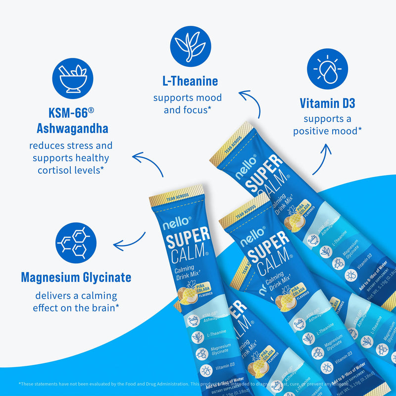 Nello Supercalm Powdered Drink Mix, Cortisol Reducer* and Sleep Aid Supplement, L Theanine, Ksm-66 Ashwagandha, Magnesium Glycinate, Vitamin D 3, No Sugar, Non GMO, On The Go, 20 Ct, Pina Colada 20 Servings (Pack of 1)