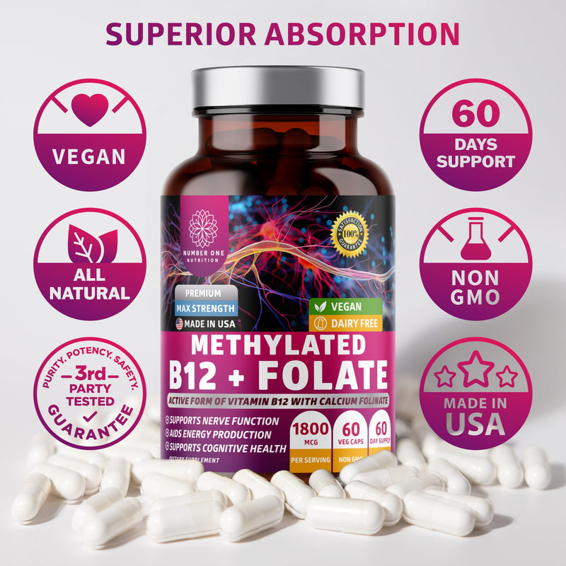 Number One Nutrition Premium Methylated B12 + Folate Supplement for Energy, Cognition and Nerve Support, 60 Vegan Capsules, Non-GMO and Gluten-Free