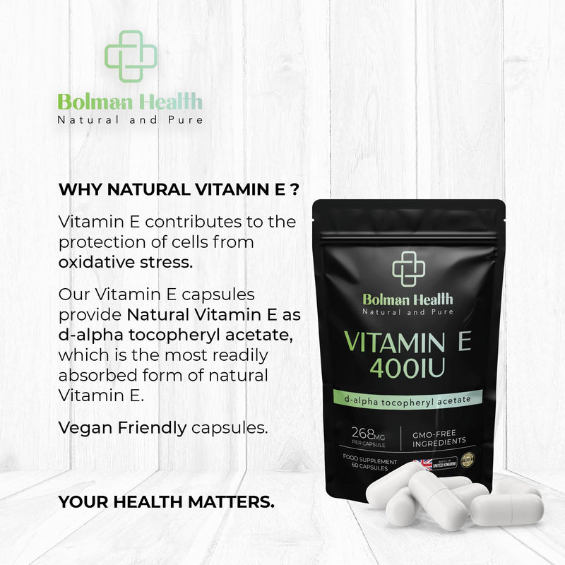 Vitamin E Capsules 400IU | 268mg Per Capsule | d-Alpha Tocopheryl Acetate | Supports Antioxidant Protection & Immune Function | 60 Vegan HPMC Capsules | Non-GMO | Gluten-Free