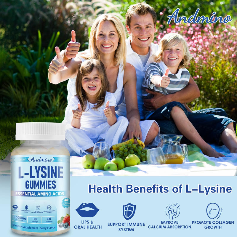 [Australia] - L-Lysine Gummies 1000 mg, with Trehalose, L Lysine Gummies for Lips & Oral Wellness, Immune Support & Collagen & Calcium, for Adults & Kids, Non-GMO, Vegan, Gluten Free, Berry Flavor, 60 60 Count (Pack of 1) 