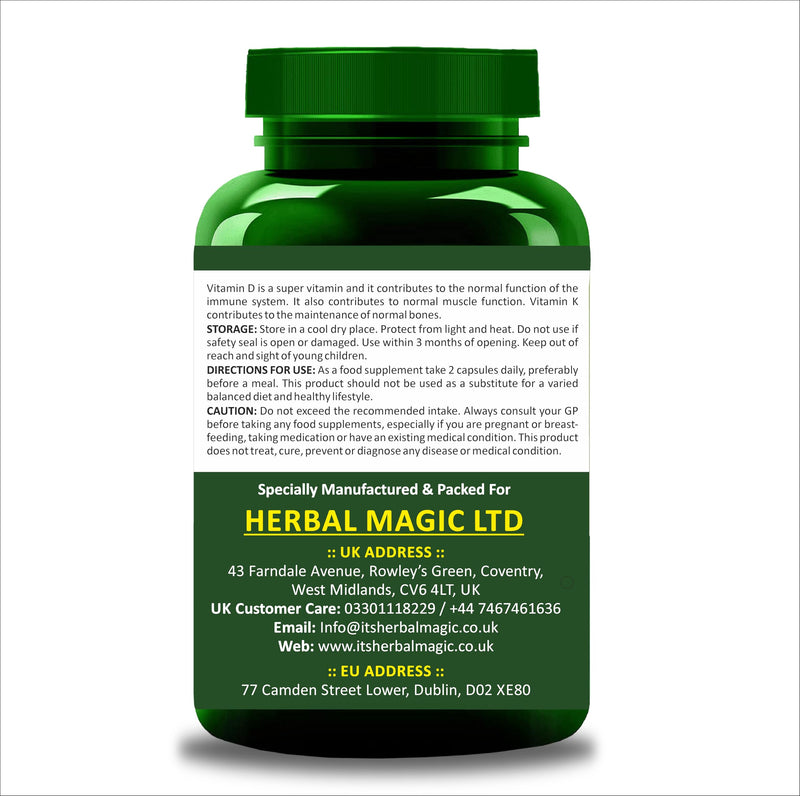 Herbal Magic Pure & Natural Plant Based Vitamin D3 (4000 IU) & K2 (100 mcg) in 2 Capsules, Whole Plant Used 60 x Veg Capsules - Lab Tested - No Maltodetxrin, Fillers, Preservatives