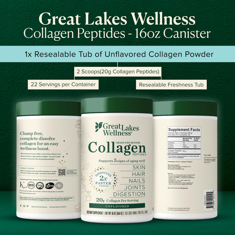 Great Lakes Wellness Collagen Peptides Powder – Supports Skin, Hair, Nails, Joints & Digestion – Hydrolyzed, Non-GMO, Keto & Kosher – Pure Collagen Protein (16 oz, 22 Servings) Packaging may vary Unflavored 22 Servings (16 Ounce, Pack of 1)