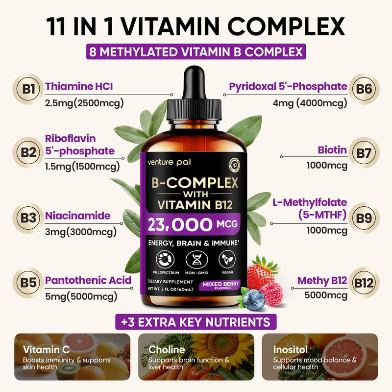 Vitamin B Complex 23000mcg - Methyl B12| B9 Folic|B7 Biotin,B1,B2,B3,B5,B6 | Vitamin B Complex Liquid Drops for Men & Women with Vitamin C, Choline & Inositol for Energy, Immune & Brain Support - 2Oz 2 Fl Oz (Pack of 1) V1-mixed Berry