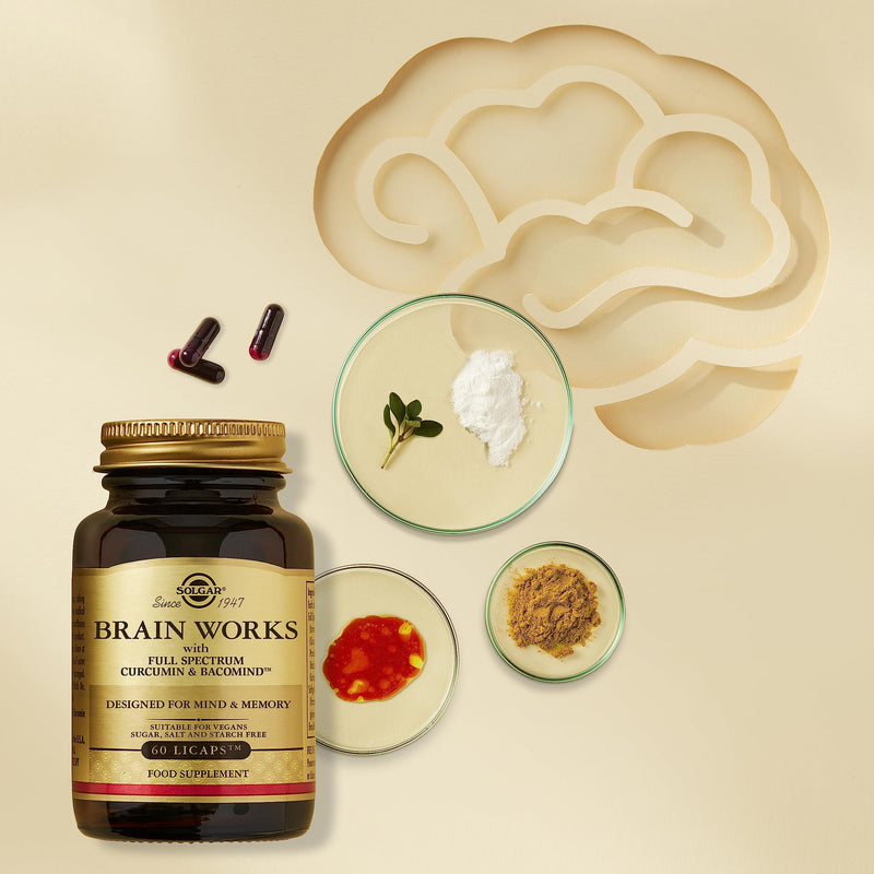 Solgar Brain Works with Full Spectrum Curcumin & BacoMind - Mind and Memory Vitamines - Choline Supplement - Supports Focus & Mental Performance - Gluten Free - Vegan Capsules - Pack of 60
