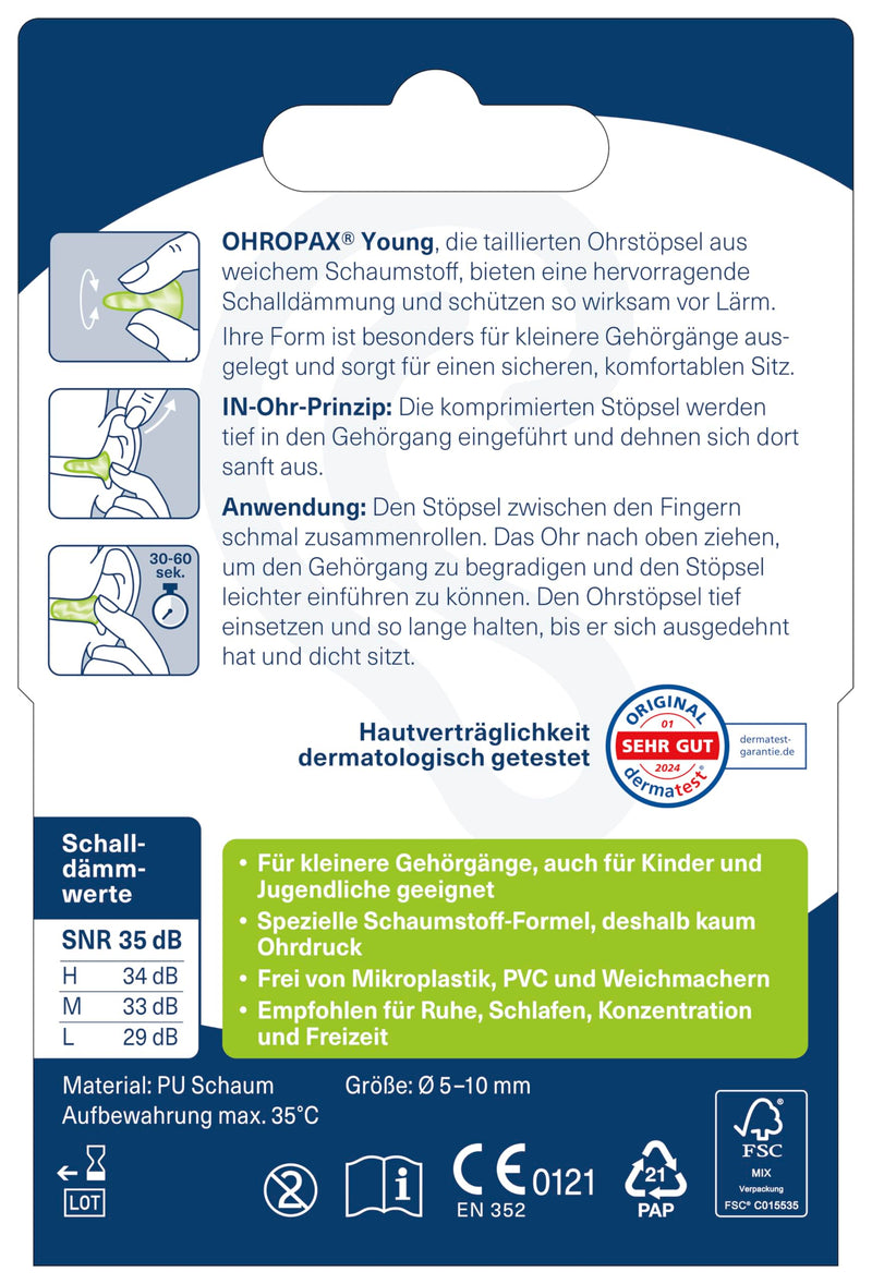 [Australia] - OHROPAX Young ear plugs - for ears with smaller ear canals - IN-ear plugs made of soft foam - sound insulation value SNR 35 dB - ideal for peace, concentration and leisure time - pack of 10 Young 10 pieces. 