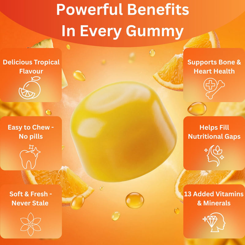 Vitamin D3 K2 Gummies 1000IU, 60 Vegan Gummies, Sugar Free | Vitamin D Gummies Adults, High Strength Vitamin D and K2, Mango Flavour, 13 Added Vitamins and Minerals, 1 Month Supply