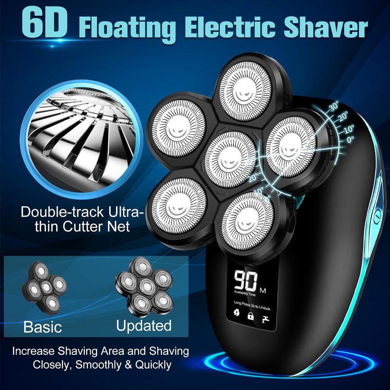 [Australia] - Head Shaver, Upgrade 6 in 1 Electric Head Shaver for Bald Men, IPX7 Waterproof Cordless Rotary Razor with LED Display, Face Head Shaver with Nose Hair Sideburns Trimmer Blue 
